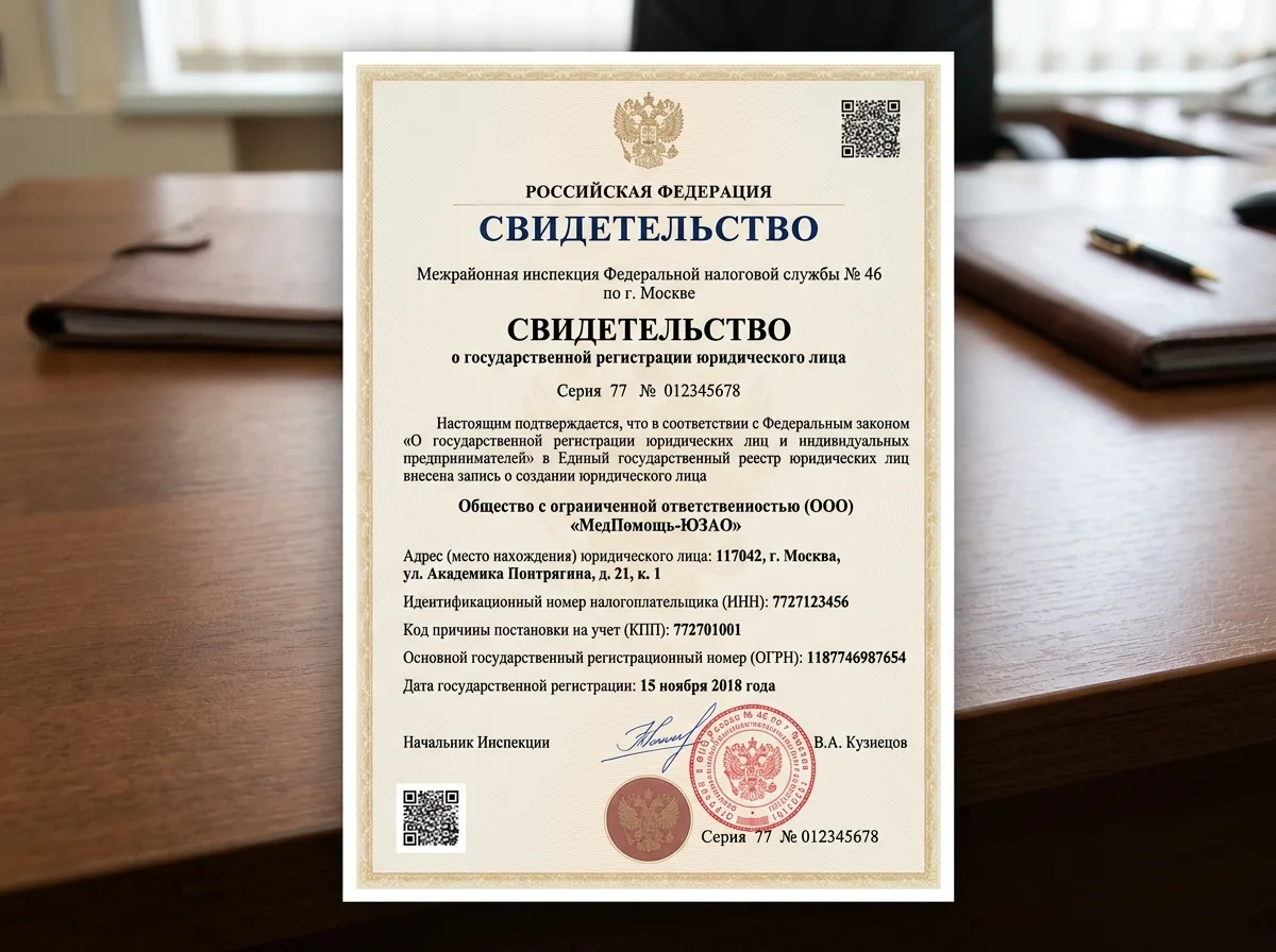 Свидетельство о государственной регистрации юридического лица ООО МедПомощь-ЮЗАО, официальный документ ФНС
